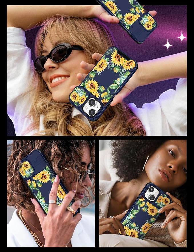 (2in1 for iPhone 15 Case Sunflower Floral for Women Cute Phone Cover Girly Pretty Blue Sun Flowers Unique Teen Design with Slide Camera Cover Protective Stand Holder for iPhone 15 Cases 6.1'' - Image 6