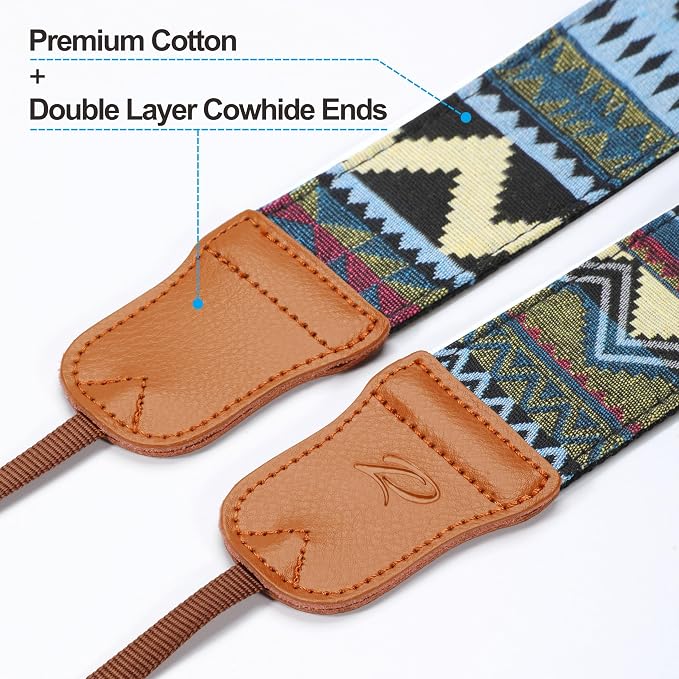 Padwa Lifestyle Camera Strap - 2" Cowhide Head Camera Straps for Photographers,Vintage Jacquard Embroidery Woven Cotton Adjustable Shoulder Neck Straps for Cameras,Binoculars（Cool Ethnic Style Green） - Image 2