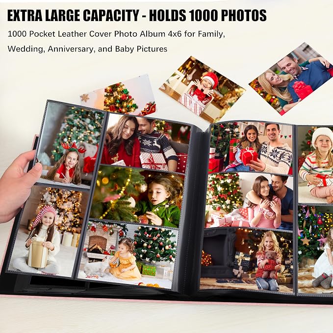 Aevdor Large Capacity 4x6 Photo Album, 1000 Photos, Linen Cover, Pink | 3 Horizontal + 2 Vertical per Side, Acid-Free Black Inner Pages, Front Display Window, Family, Wedding & Everyday Photos - Image 3