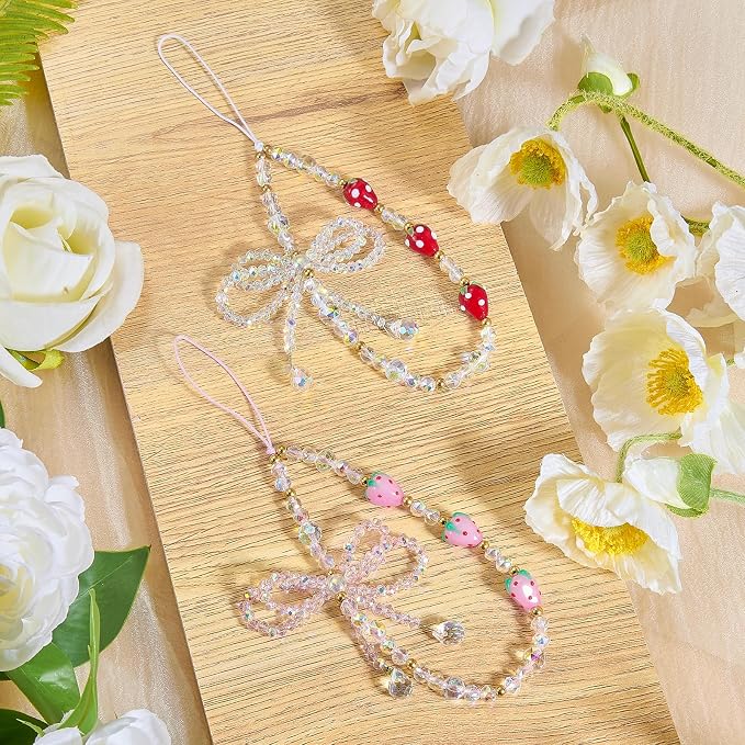 BEEFLYING Bow Beaded Phone Charm Wrist Strap for Case, Pink | Y2K Cell Phone Chain with Bowknot Strawberry, for Bag Keychain Camera Wallet - Image 5