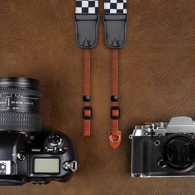 Padwa Lifestyle Black and White Plaid Camera Strap - 2" Wide Double Layer Cowhide Head,Cotton Camera Shoulder Straps,Grid Pattern Adjustable Camera Neck Strap for all Cameras,Gift for Photographers - Image 6