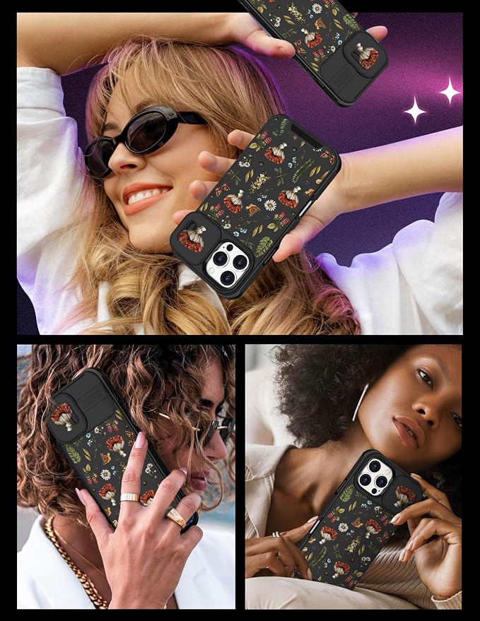 for iPhone 16 Pro Max Case - Women Cute Phone Cover Girly Pretty Unique Aesthetic Design Slide Camera Cover Protective Case for Apple for iPhone 16 Pro Max,Mushroom Floral - Image 6
