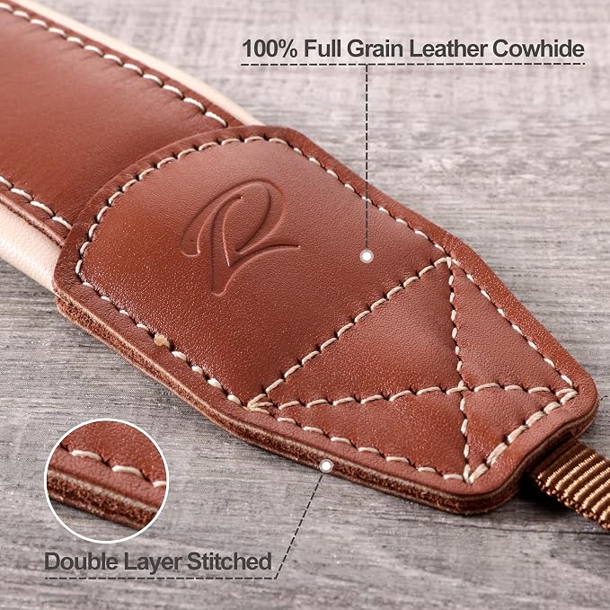 Padwa Lifestyle Tan Top Leather Camera Strap - 1.77" Wide Full Grain Cowhide Camera Straps with Soft Skin Friendly Neck & Shoulder Leather Padded Comfort for Extended Photography by Photographers - Image 2