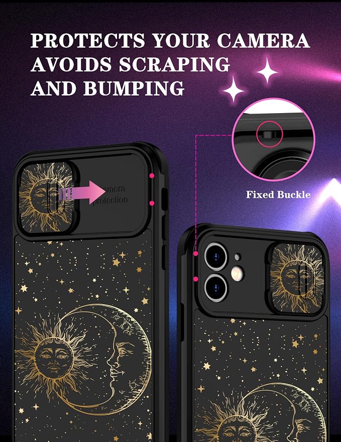 (2in1 for iPhone 11 Case Sun Moon Stars for Women Cute Space Phone Cover Fashion Golden Star Print Design with Slide Camera Cover Protective Case for iPhone 11 6.1'' - Image 3