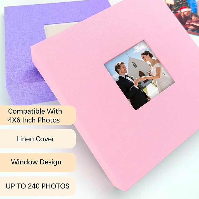 4x6 Photo Album Holds 240 Photos Writing Space, Linen Cover, Pink | Clear Acid-Free Sleeves, Memo Writing Areas, Front Display Window, Baby, Wedding, Travel & Family Picture Keepsakes - Image 2