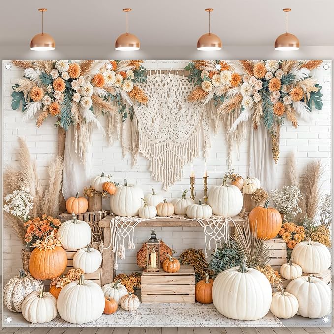 Fabric 10x8ft Autumn Boho Pumpkin Backdrop Fall Harvest Banner | Thanksgiving Day Floral Photography Background, Family Girl Women Party Decorations, Wedding Baby Shower Photo Props - Image 2