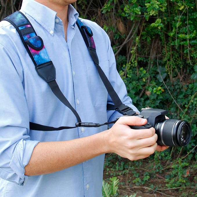 USA Gear DSLR Camera Strap Chest Harness with Quick Release Buckles, Galaxy Neoprene Pattern and Accessory Pockets - Compatible with Canon, Nikon, Sony and More Point and Shoot and Mirrorless Cameras - Image 5
