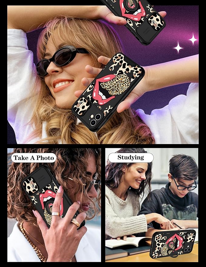 (2in1 for iPhone 11 Case Leopard Red Lip for Women Luxury Phone Cover Cute Cheetah Print Design with Slide Camera Cover Protective Black Brown Cases for iPhone 11 6.1'' - Image 6