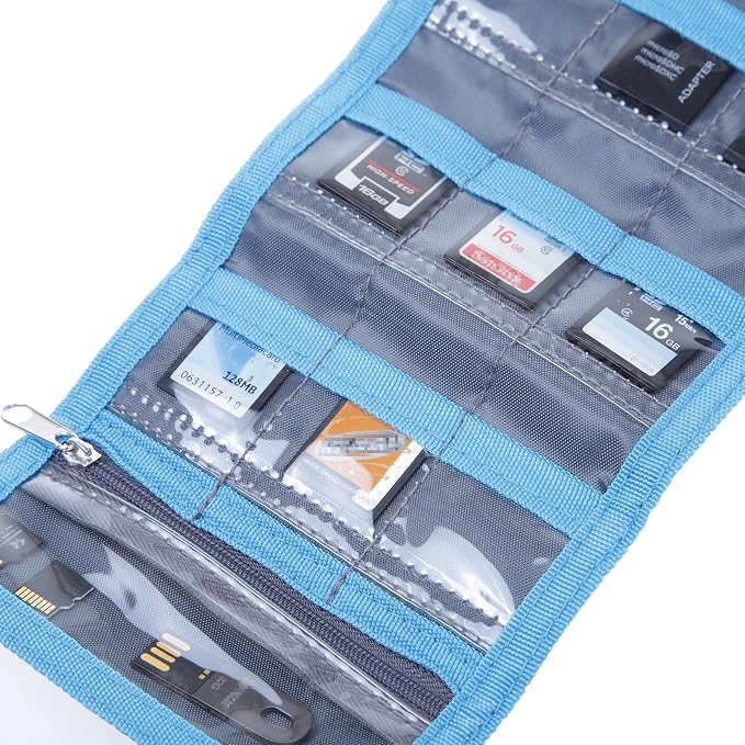 Memory Card Wallet - SD Card Storage - Slim and Foldable with Transparent Slots - Can Carry Up to 15 SD Cards - Straps with Tether Included - (Black/Blue) - Image 3