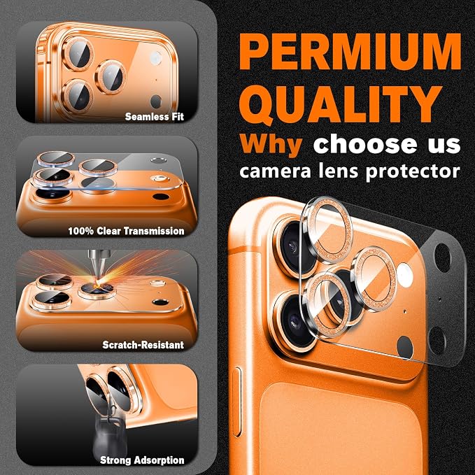 2 Pack for iPhone 17 Pro Max Camera Lens Protector | Bling Tempered Glass 9 Hardness,Anti-Scratch High Definition Camera Screen Protector (Orange) - Image 5