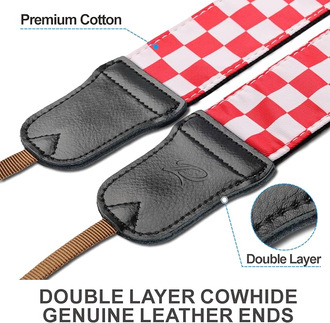 Padwa Lifestyle Red White Plaid Camera Strap - 2" Wide Double Layer Cowhide Head,Cotton Camera Straps for Photographers,Grid Pattern Adjustable Camera Shoulder Neck Strap for All DSLR Cameras - Image 2