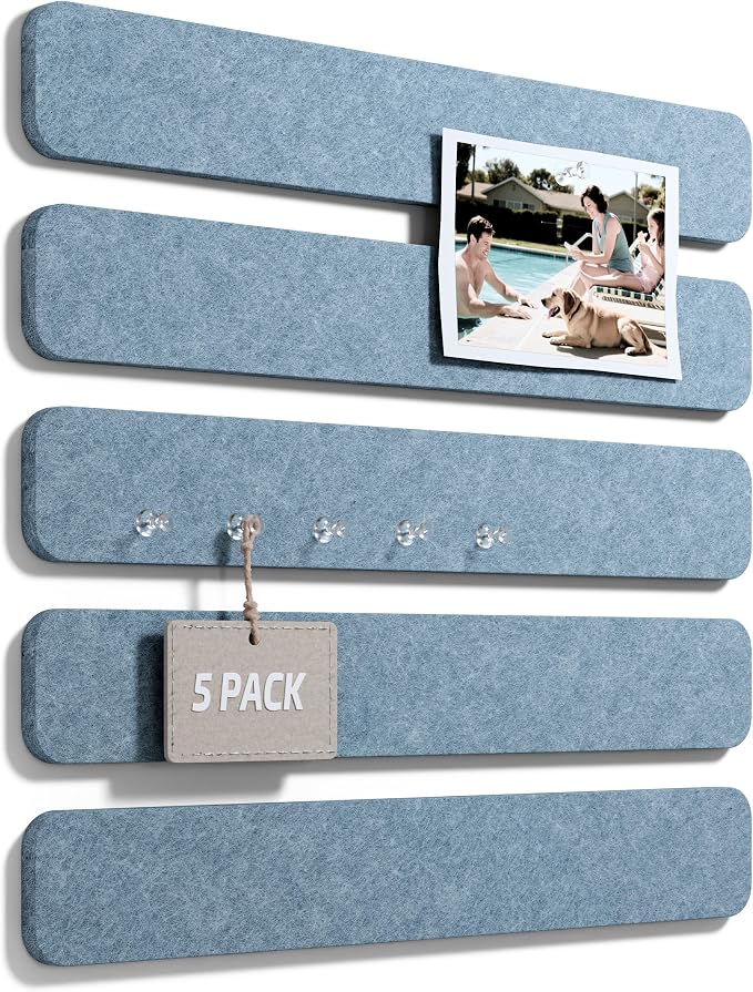 Fluxynara 13" x 2" Felt Wall Panels, Dusty Blue | 5-Pack Includes 35 Push Pins and Adhesive Tabs for Photos, Notes and Decor in Bedroom Doors, Home Office or Studios by FLUXYNARA