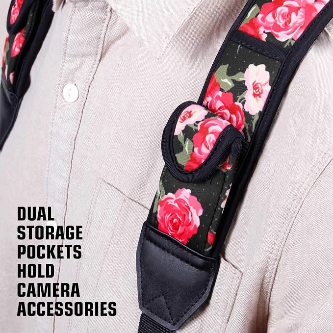 USA Gear DSLR Camera Strap Chest Harness with Quick Release Buckles, Floral Neoprene Pattern and Accessory Pockets - Compatible with Canon, Nikon, Sony and More Point and Shoot and Mirrorless Cameras - Image 3