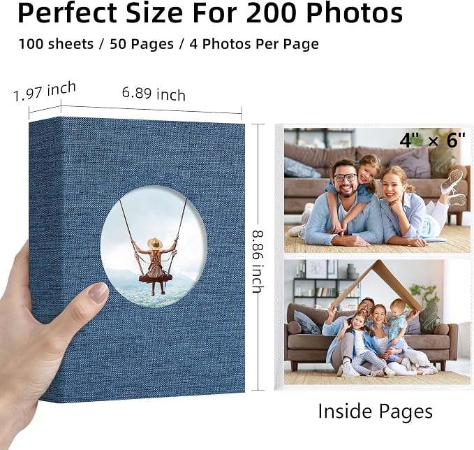 Vienrose Photo Album 4x6 Photos 200 Pockets Linen Cover Slip-in Photo Book with Round Window for Wedding, Vacation Memories, Personalized Picture Organizer, Blue - Image 2