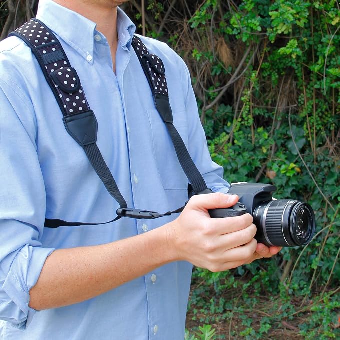 USA Gear DSLR Camera Strap Chest Harness with Quick Release Buckles, Polka Dot Neoprene Pattern and Accessory Pockets - Compatible with Canon, Nikon, Sony Point and Shoot and Mirrorless Cameras - Image 5