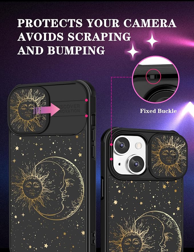 (2in1 for iPhone 14 Plus Case Sun and Moon Stars for Women Cute Space Phone Cover with Slide Camera Cover Protective Fashion Golden Print Design Cases for iPhone 14Plus 6.7 inch - Image 3