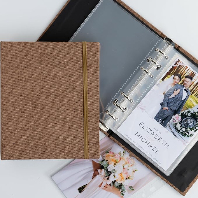 Photo Album For 2X6 Photo Booth Slip In Strips And 4X6 Pictures - 6 Ring Notebook Binder With 20 2 By 6 Sleeves - Fits 80 Photobooth Prints (UMBER BROWN - LINEN HARDCOVER, 4X6) by SMILEWAVE