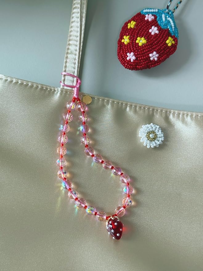 Drawwind Phone Charm Beaded Wristlet Strap Universal Cell Phone Lanyard Cute Bracelet Wrist Strap Beaded Chain String Handmade Accessories for Case Camera Bags (Red Strawberry) - Image 3