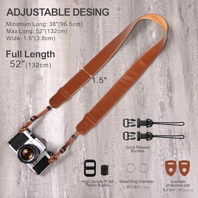 Padwa Lifestyle Brown Leather Camera Strap - 1.5" Soft Full Grain Cowhide Camera Straps for Photographers, Soft Suede Fabric Padded Leather Strap with Quick Release fits All Cameras - Image 6