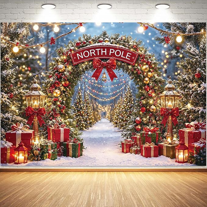 Christmas North Pole Photography Backdrop,Winter Aurora Borealis Snowy Forest Scene Background with Street Lamps,Xmas Party Decor Photo Booth Props(7x5ft) - Image 2