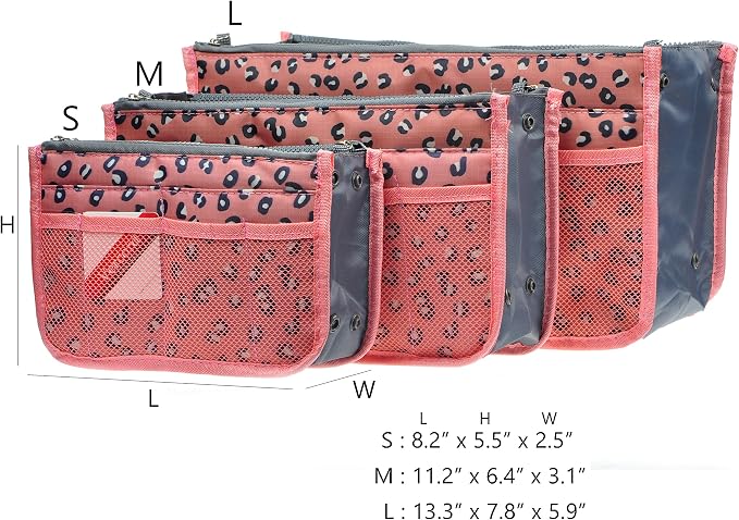 Vercord Purse Organizer Insert for Handbags Bag Organizers Inside Tote Pocketbook Women Nurse Nylon 13 Pockets Pink Leopard Small - Image 3