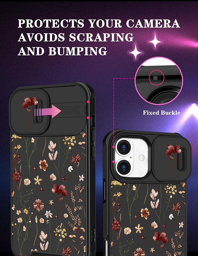 for iPhone 16 Case - Women Cute Phone Cover Girly Pretty Fancy Unique Aesthetic Design Slide Camera Cover Protective Case for Apple for iPhone 16,Flowers Floral - Image 3