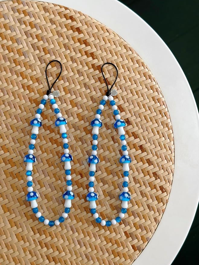 Drawwind Phone Charm Beaded Wristlet Strap Universal Cell Phone Lanyard Cute Bracelet Wrist Strap Beaded Chain String Handmade Accessories for Case Camera Bags (Blue Mushroom) - Image 6