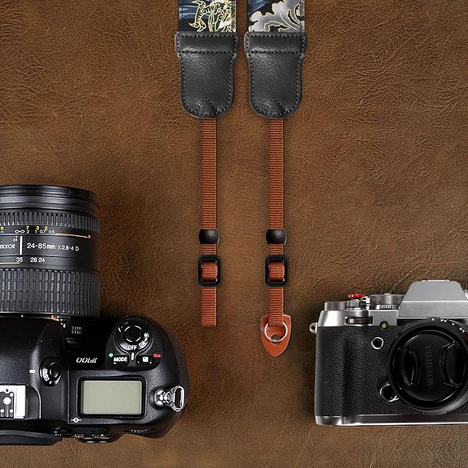 Padwa Lifestyle Blue Wave Camera Strap - 2" Cowhide Leather Head Cotton Camera Straps for Photographers,Vintage Japanese Art Print Adjustable Neck & Shoulder Strap for ALL DSLR/SLR Cameras - Image 6