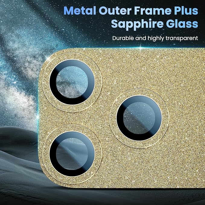 Uyiton for iPhone 17 Pro Max Camera Lens Protector, Metal Frame Glass Cover | Not Easy to Break, Strong Adsorption, Case-Friendly, Metal 9H Sapphire Glass Rear Camera Screen Cover, Glitter Gold - Image 4