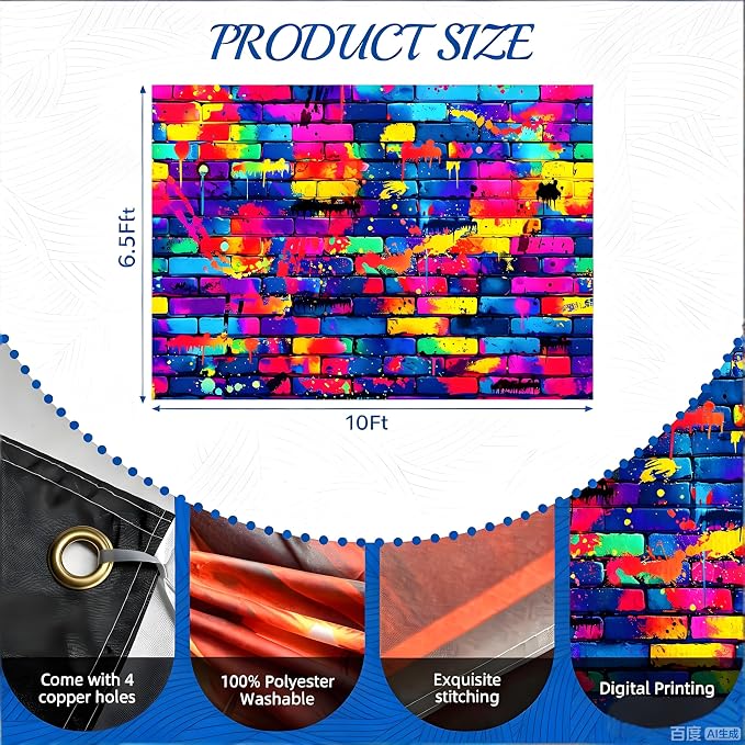 10x6.5ft Graffiti Wallpaper Mural Backdrop, Large Retro 80s 90s Hip Hop Brick Wall Background for Photoshoot, Vibrant Colorful Street Art for Birthday Party, Graduation & Disco Decor - Image 2