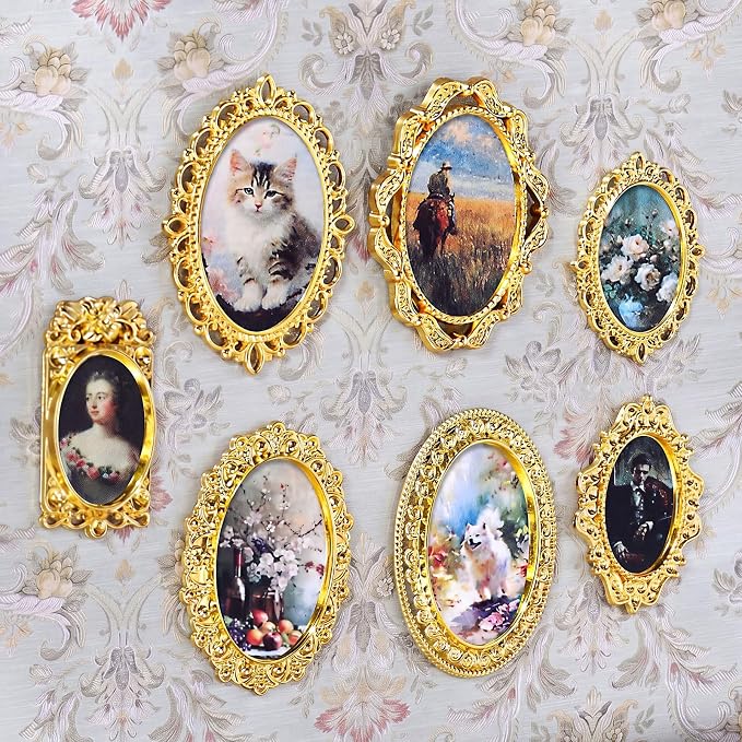 Halloscume 7 Pcs Miniature Picture Frames Mini Vintage Photo Frames Miniature Dollhouse Accessories on 1:12 Scale for Dollhouse DIY Craft Projects Art Jewelry Display Home Decor(Gold) by Halloscume