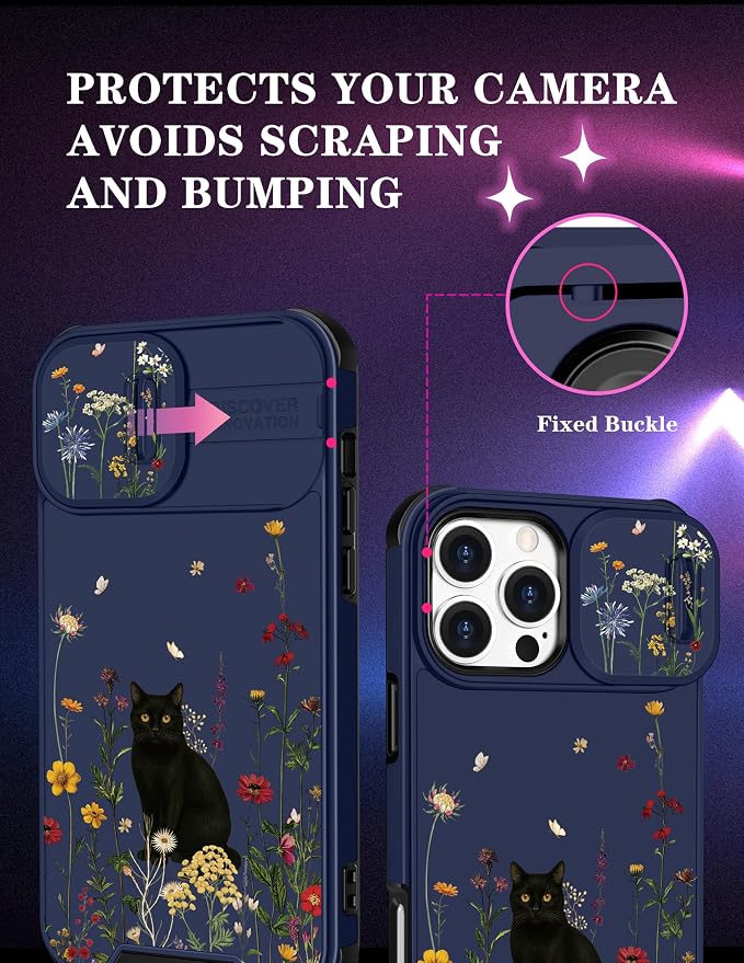 for iPhone 16 Pro Case - Women Cute Phone Cover Girly Pretty Fancy Unique Aesthetic Design Slide Camera Cover Protective Case for Apple for iPhone 16 Pro,Black Cat - Image 3