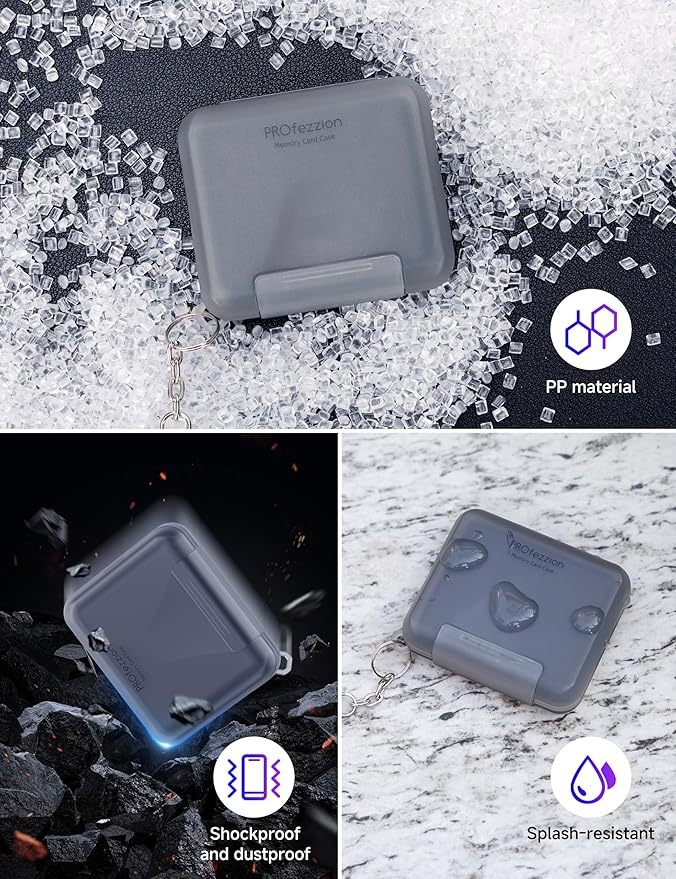 PROfezzion SD Card Holder Case for 4 SD/SDXC/SDHC & 8 microSD TF Memory | Small and Portable, Water-Resistant, Hard Shell with Soft Rubber Interior, Memory Card Organizer Storage Box with Keychain - Image 3