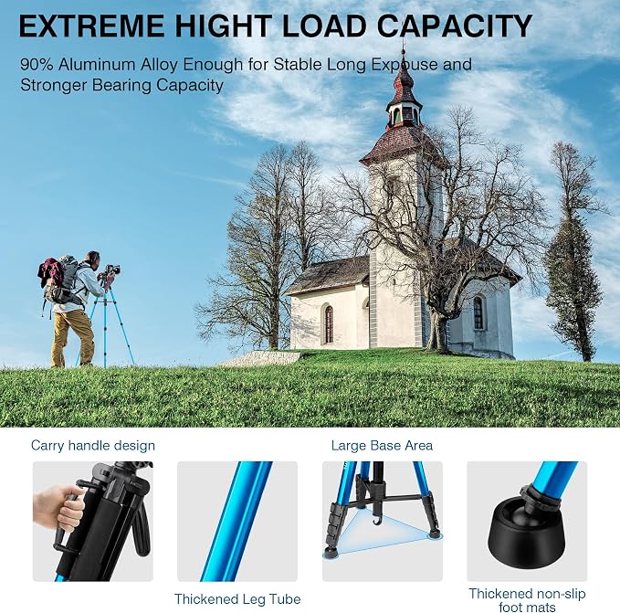 Victiv 72 inch Camera Tripod, Tall Tripod for Camera Cell Phone, Heavy Duty Camera Tripod Stand, Professional Aluminum Monopod, Compatible with Canon Nikon Sony DSLR Cameras - Blue - Image 4