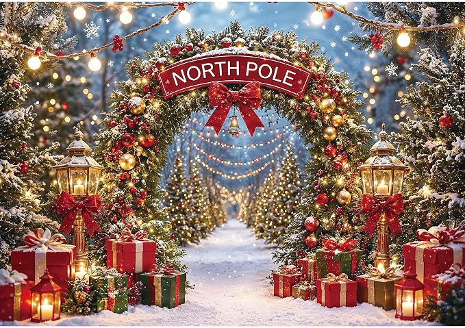 Christmas North Pole Photography Backdrop,Winter Aurora Borealis Snowy Forest Scene Background with Street Lamps,Xmas Party Decor Photo Booth Props(7x5ft) by Haboke