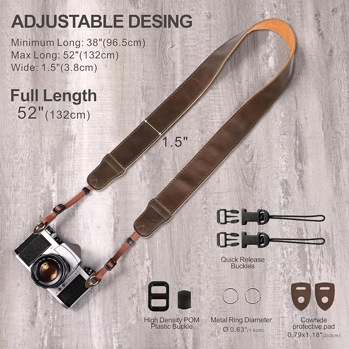Padwa Lifestyle Green Brown Leather Camera Strap - 1.5" Soft Full Grain Cowhide Camera Straps for Photographers, Soft Suede Fabric Padded Leather Strap with Quick Release fits All Cameras - Image 6