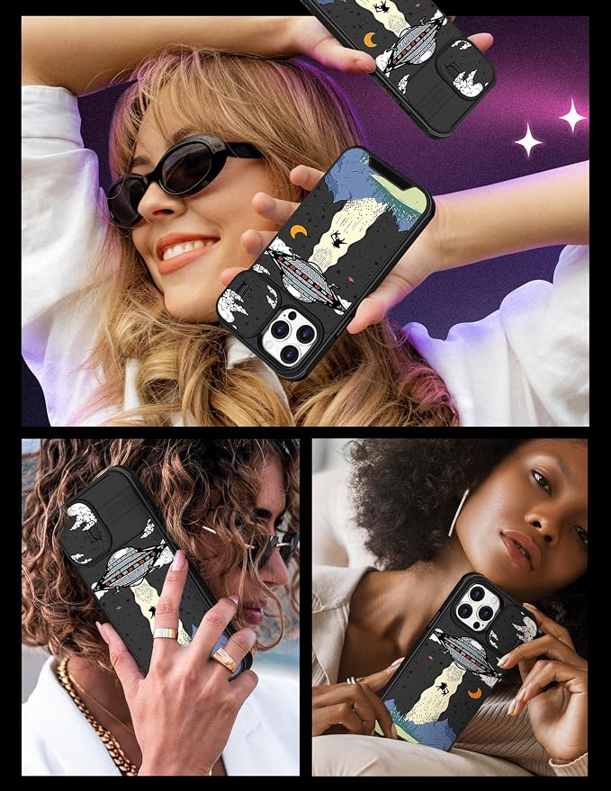 (2in1 for iPhone 14 Pro Max Case UFO for Women Cute Aliens Phone Cover Cool Universe Pattern Design with Slide Camera Cover Protective Fashion Boys Teens Cases for 14 ProMax 6.7'' - Image 6