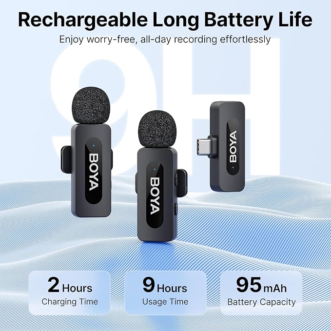BOYA BY-V20 Wireless Microphones for iPhone 17/16/15 & Android/Laptop | Noise Cancellation, 328ft Range, 9H Battery Life, Mini Mic Clip on Lapel Microphone Wireless for Video Recroding - Image 2