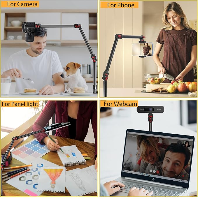 Overhead Camera Mount Desk Stand, 3-Section Detachable Articulating Arm | with 1/4“ 3/8" 5/8" Screw&360° Ball Head, C-clamp Tabletop Mount for DSLR Camera/Webcam/Microphone/Lights - Image 5