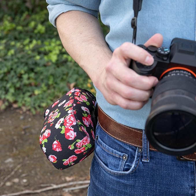 USA Gear Camera Sleeve (Large) for Mid-Size SLRs Compatible with Sony A7 V, Canon EOS R6 Mark II, Nikon Z 6III & more - Padded Neoprene DSLR Case with Zipper Accessory Pocket & Belt Loop (Floral) - Image 6