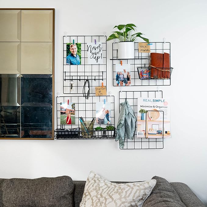 ODOXIA 4 Pack Wire Wall Grid Panel With Accessories | Includes Hanging Baskets, Letter Sorter, Shelf & Hook Rack | Grid Wall Panels | Photo Grid | Hanging Home, Office & Kitchen Décor - Image 5