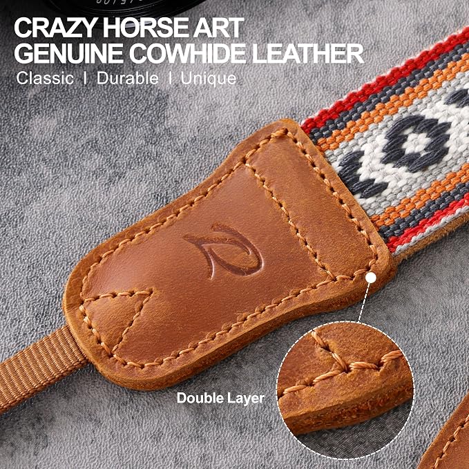 Padwa Lifestyle Camera Strap - 1.5" Crazy Horse Cowhide Ends Embroidered Camera Straps for Photographers, Cute Cotton Weave Soft Suede Fabric Padded Strap fits All Cameras for Adults & Kids - Image 3