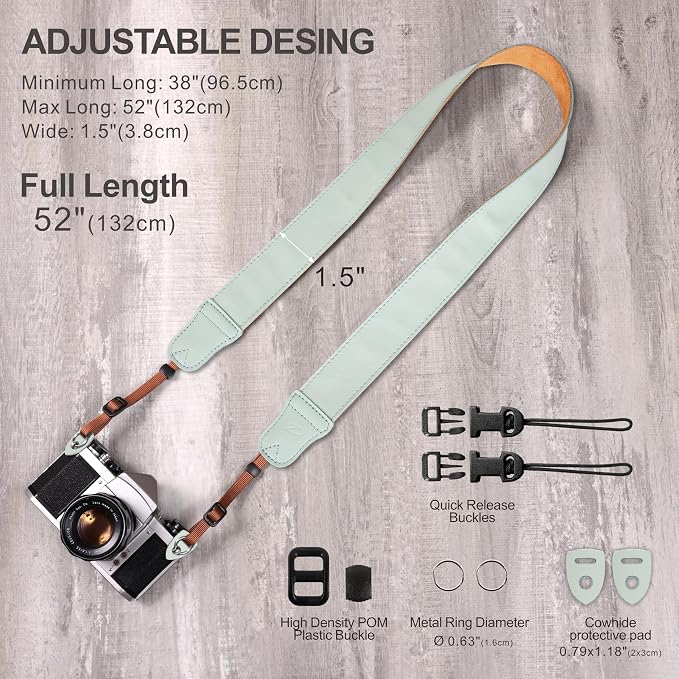 Padwa Lifestyle Mint Green Leather Camera Strap - 1.5" Soft Full Grain Cowhide Camera Straps for Photographers, Soft Suede Fabric Padded Leather Strap with Quick Release fits All Cameras - Image 6