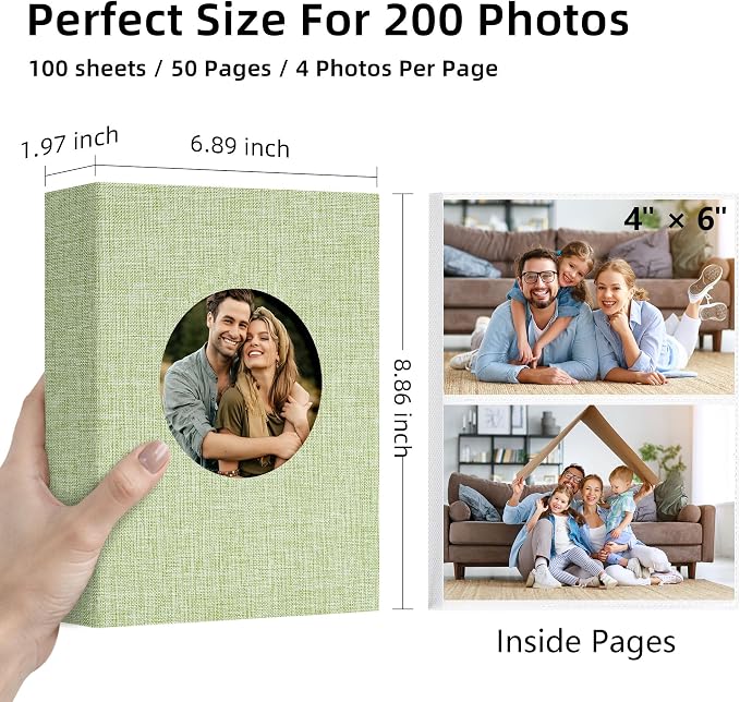 Vienrose Photo Album 4x6 Photos 200 Pockets Linen Cover Slip-in Photo Book with Round Window for Wedding, Vacation Memories, Personalized Picture Organizer, Green - Image 2