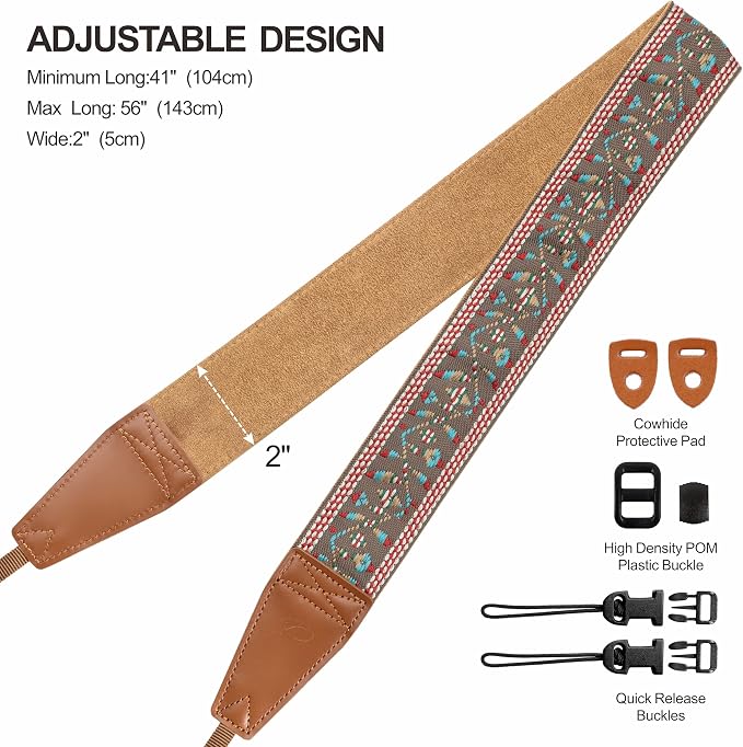 Padwa Lifestyle Matte Gold Camera Strap - 2" Full Grain Leather Ends Camera Straps for Photographers, Vintage Embroidered Cotton Weave Soft Suede Fabric Padded Strap Quick Release fits All Cameras - Image 6