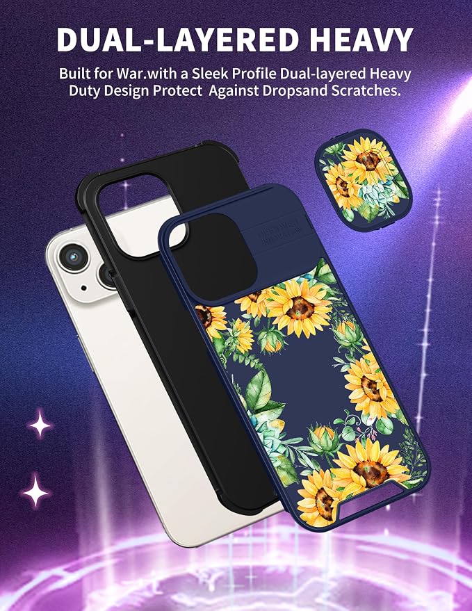 (2in1 for iPhone 15 Case Sunflower Floral for Women Cute Phone Cover Girly Pretty Blue Sun Flowers Unique Teen Design with Slide Camera Cover Protective Stand Holder for iPhone 15 Cases 6.1'' - Image 5