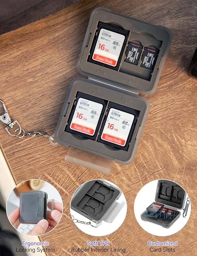 PROfezzion SD Card Holder Case for 4 SD/SDXC/SDHC & 8 microSD TF Memory | Small and Portable, Water-Resistant, Hard Shell with Soft Rubber Interior, Memory Card Organizer Storage Box with Keychain - Image 4