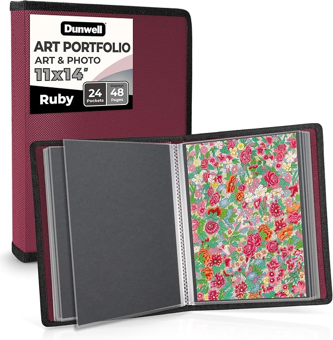 Dunwell 11x14 Art Portfolio Binder, 24-Sleeve, Mounting Paper, Ruby | 24 Clear Sleeves, Displays 48 Pages, Mounting Paper Included, Artwork Storage, Acid-Free Poly Protection by Dunwell