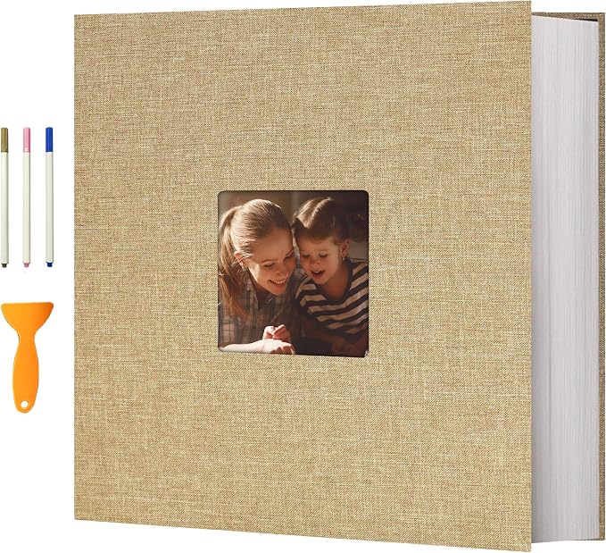 Vienrose Photo Album with Window Self Adhesive 13x12.6 120 Pages Khaki | Linen Cover, Scrapbook, Holds 600 Photos, Fits 4X6 8X10 Pictures, Metallic Pen by Vienrose