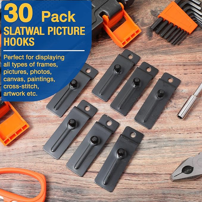 JaGely 30 Pcs Metal Slatwall Hooks 3 Inch Commercial Slatwall Utility Notch Hooks Picture Hanger for Pegboard Photo Frame Display Painting Art Accessories (Black) - Image 7